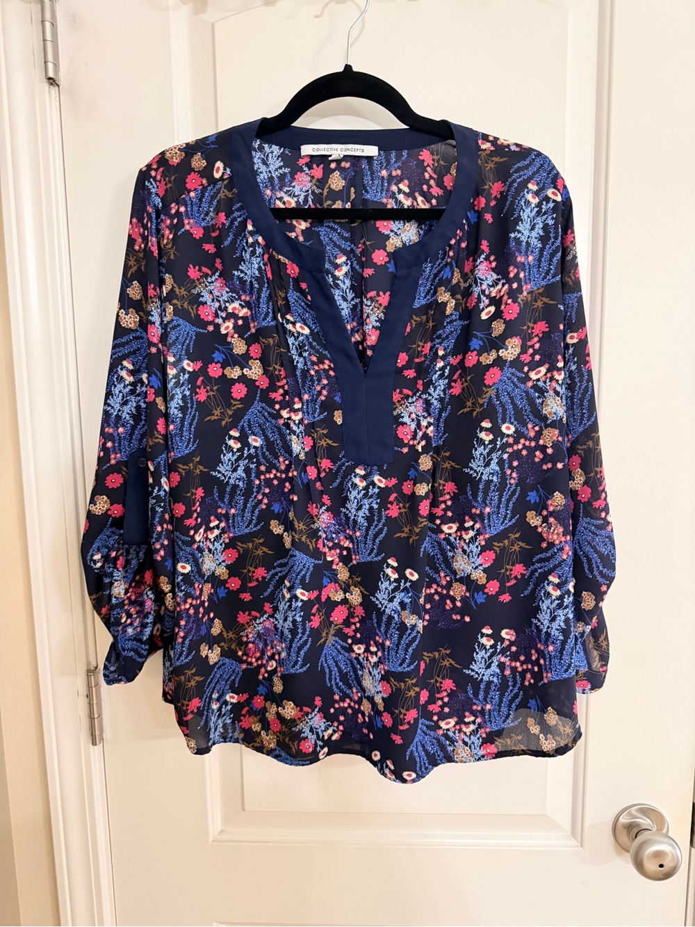 Collective Concepts Navy Floral Split V-Neck Blouse with Pink Accents